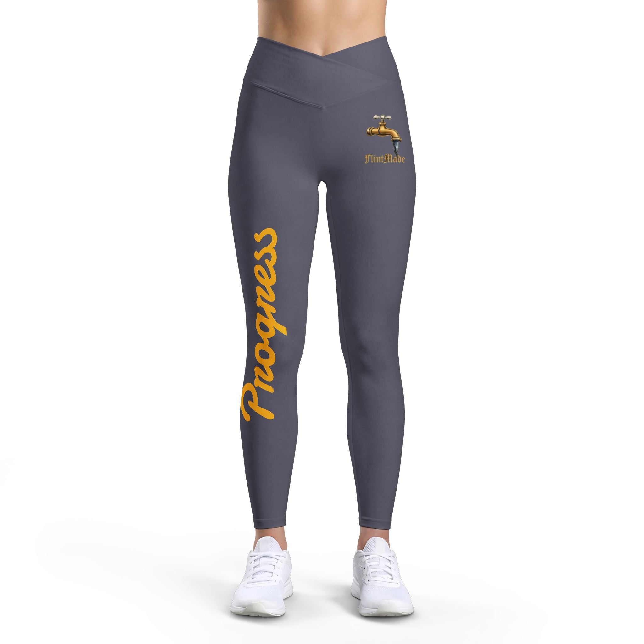 Progress Script Leggings — Women’s Fitness Leggings with Faucet Graphic